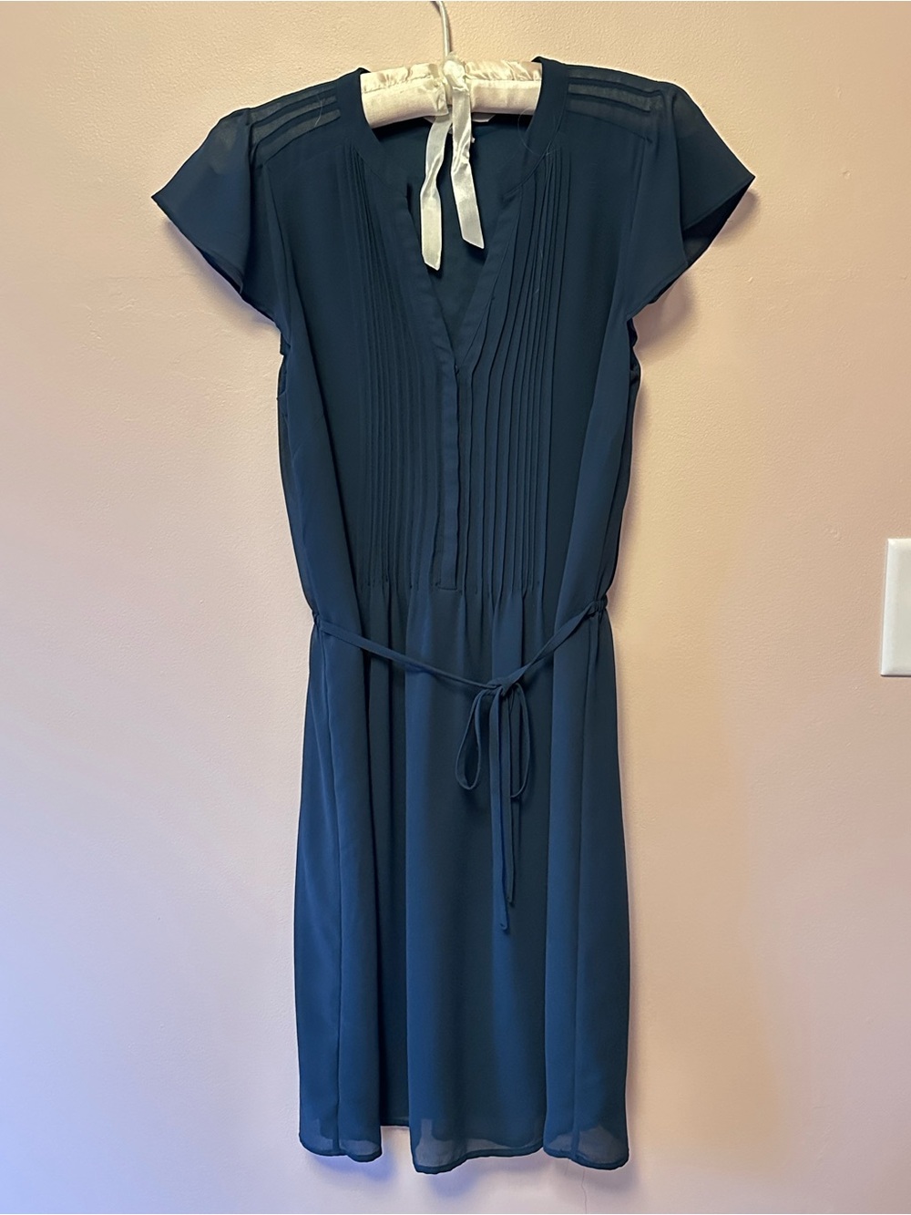 Navy blue H&M dress with flutter sleeves and a waist tie